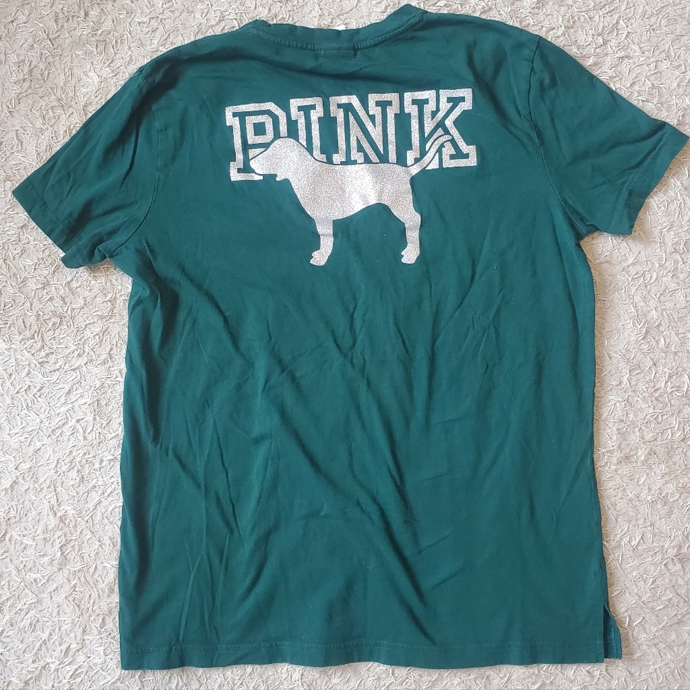 VS Pink Bling Shine Campus Short Sleeve Tee Shirt Dark Green